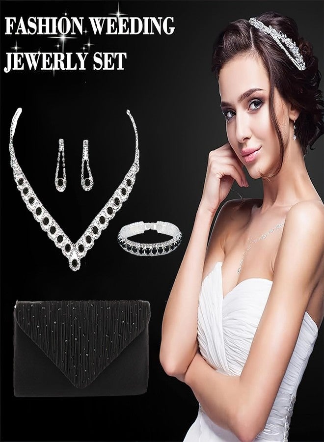 ANUFER Women's Zircon Rhinestones 4 Pieces Jewelry and Clutch Purse Set for Wedding Prom Evening Party SN0708187-2 Black-A - Image 4